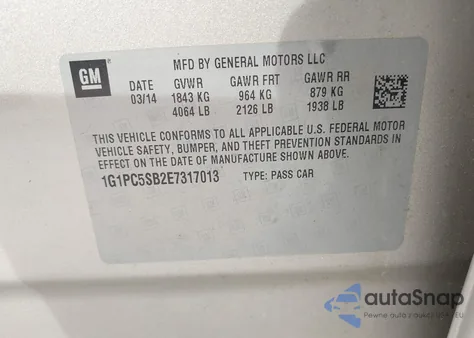 2014 Chevrolet Cruze 1Lt Auto z USA, uszkodzony, nr VIN 1G1PC5SB2E7317013